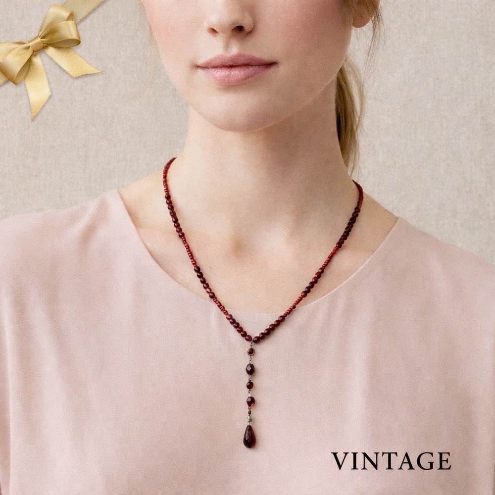 Vintage Red Glass Beaded Necklace With Drop Dangle